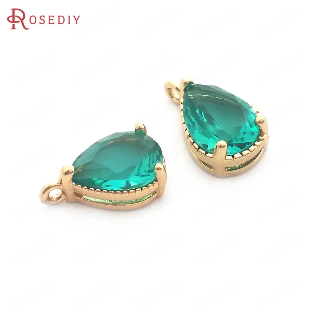 (38404)10PCS 6x8MM High Quality Champagne Gold Color Brass and Glass Drop Shape Charms Pendants High Quality Jewelry Accessories