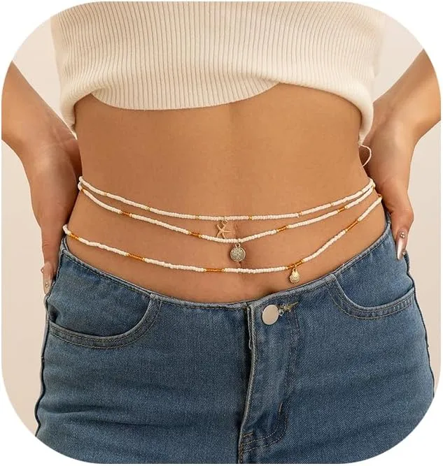 3Pcs Gold Starfish Pendant Waist Chains Jewelry Sexy Summer Beach Elastic Beaded Waist Body Chain Jewelry Multi-layered Shell Star Belly Chain for Women