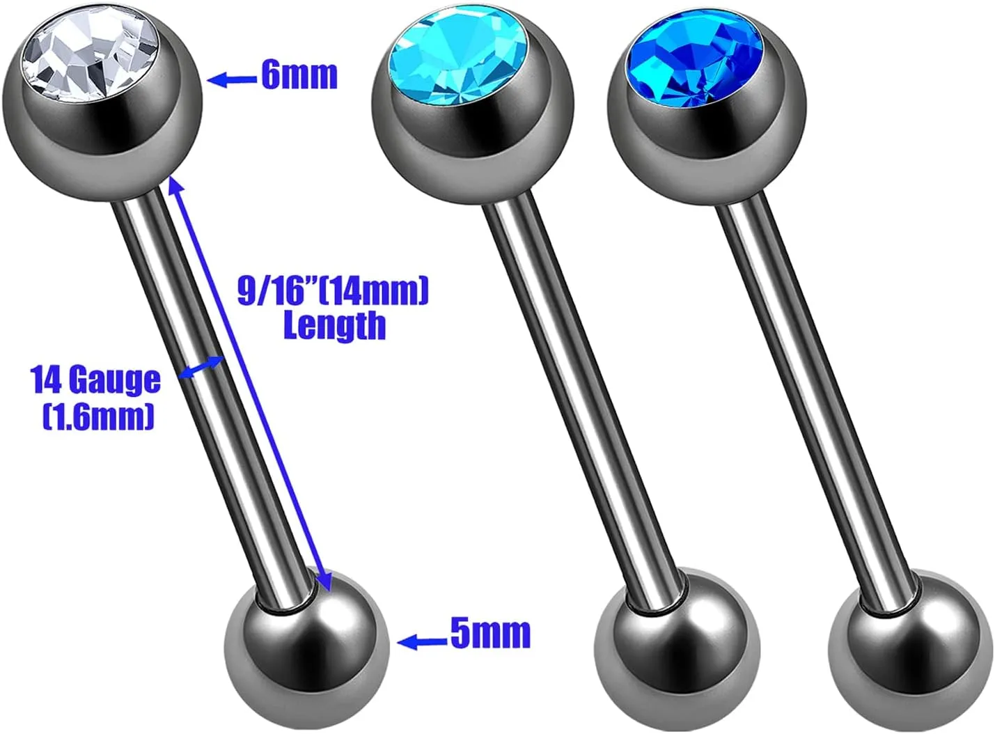 3Pcs Titanium G23 14g tongue piercing rings Piercing Jewelry Tragus 6mm 5mm Crystal Ball More Choices