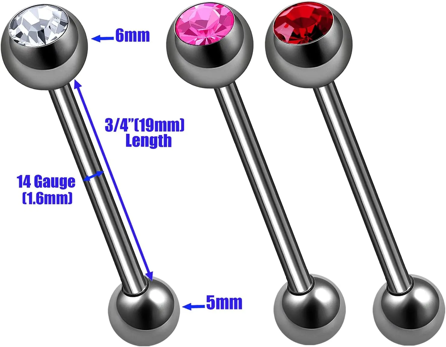 3Pcs Titanium G23 14g tongue piercing rings Piercing Jewelry Tragus 6mm 5mm Crystal Ball More Choices