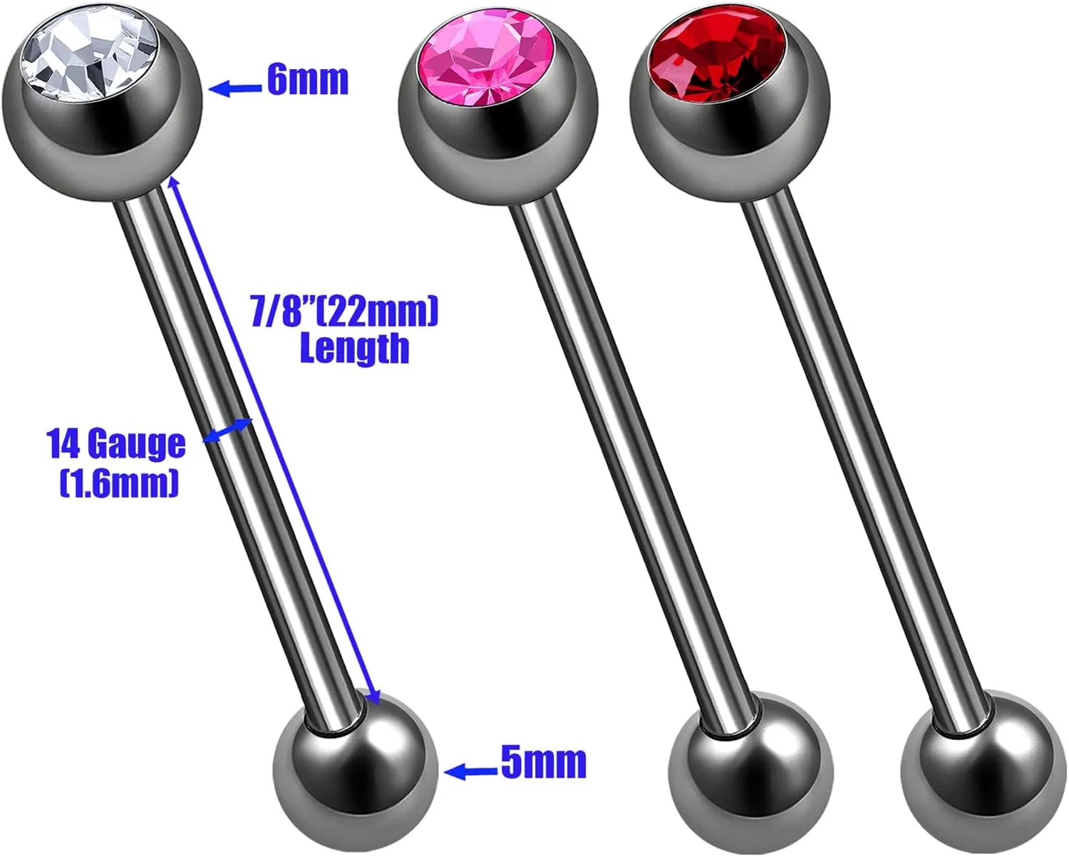 3Pcs Titanium G23 14g tongue piercing rings Piercing Jewelry Tragus 6mm 5mm Crystal Ball More Choices