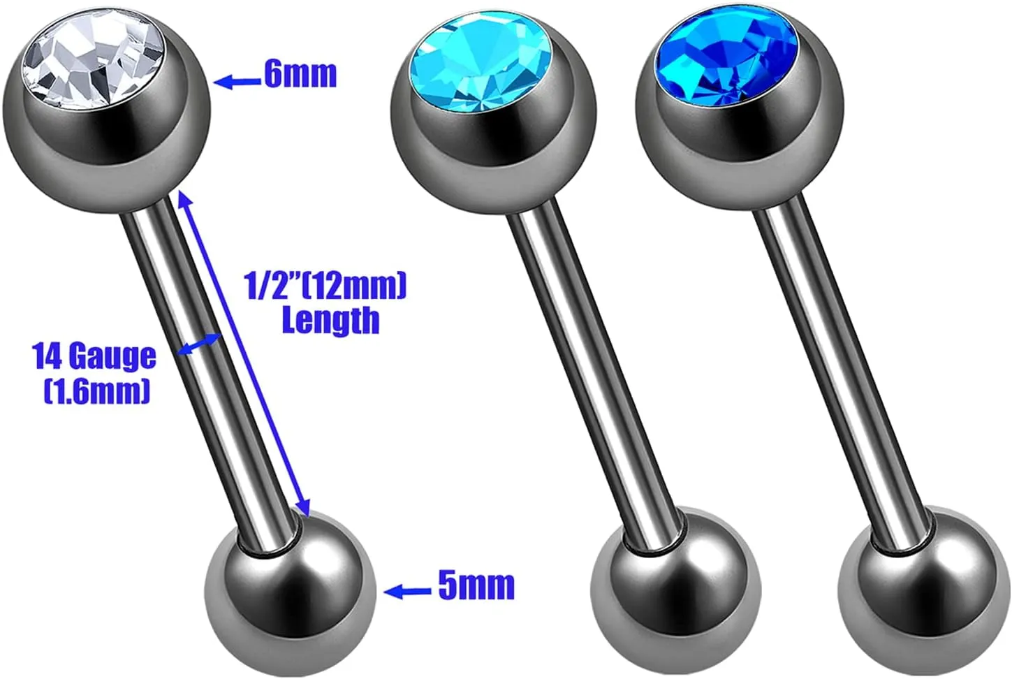 3Pcs Titanium G23 14g tongue piercing rings Piercing Jewelry Tragus 6mm 5mm Crystal Ball More Choices