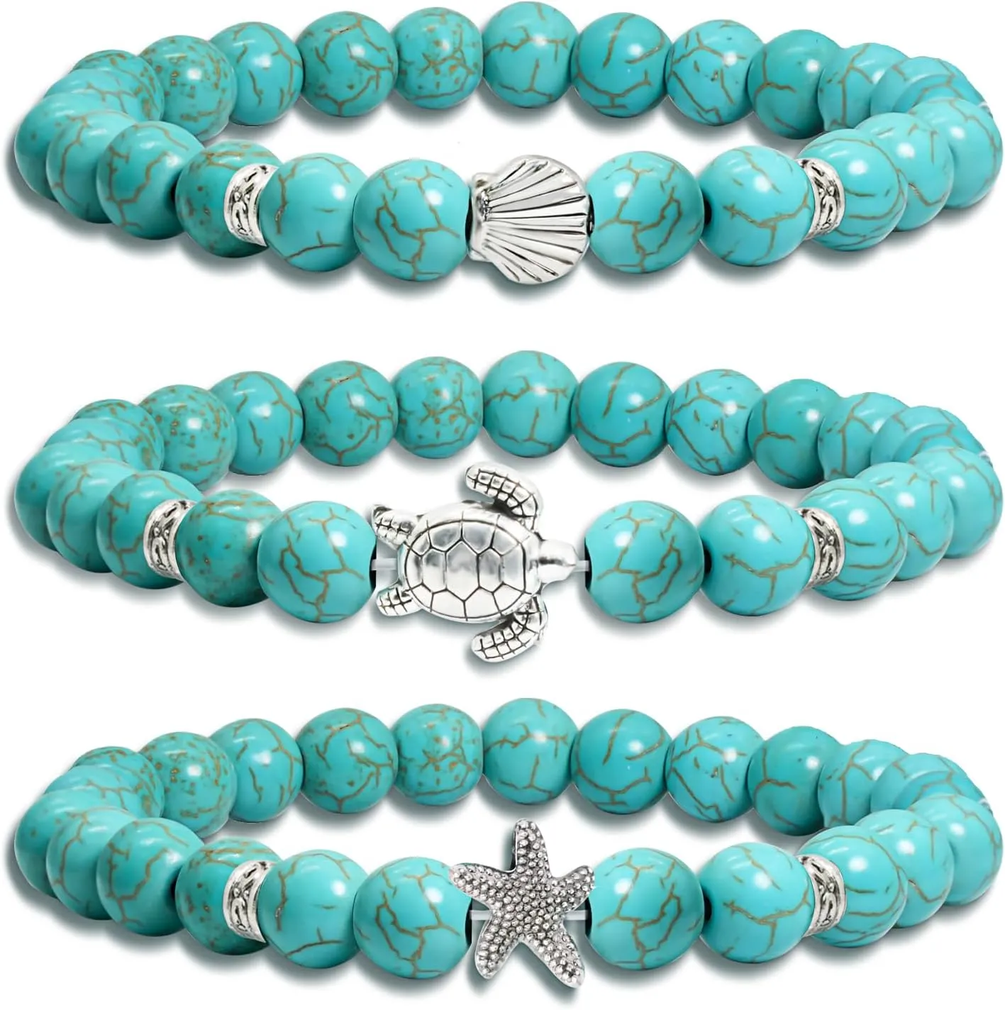 3PCS Turquoise Starfish Turtle Bracelet Elastic Sea Shell Boho Natural Stone Beaded Stretch Bracelets Set Surfer Summer Beach Turquoise Jewelry for Women Men