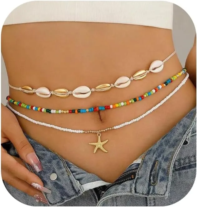 3Pcs/Set Gold Starfish Pendant Beads Waist Chains Jewelry Sexy Summer Beach Colorful Beaded Body Chain Jewelry Shell Star Belly Chain for Women