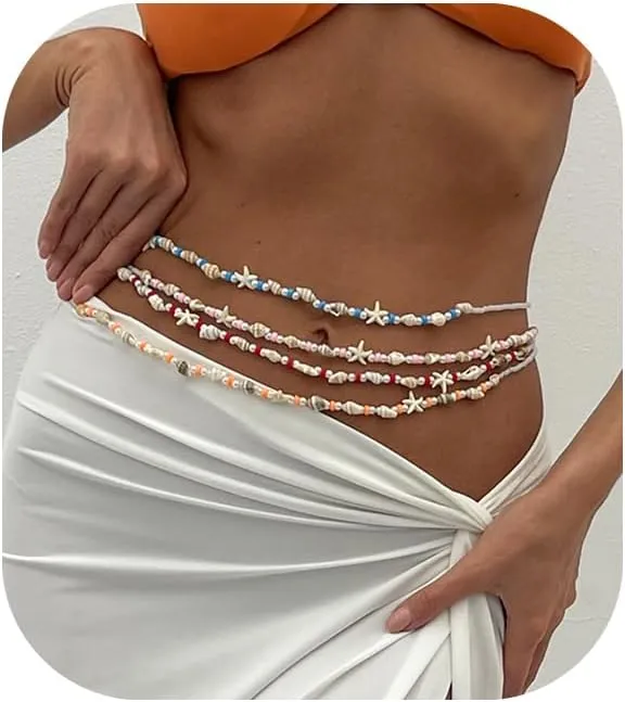 4Pcs Colorful Beaded Waist Chain Jewelry Set,Summer Beach Starfish Shell Pendant Belly Body Chains,Bikini Layered Pearl Waist Belly Chain for Women