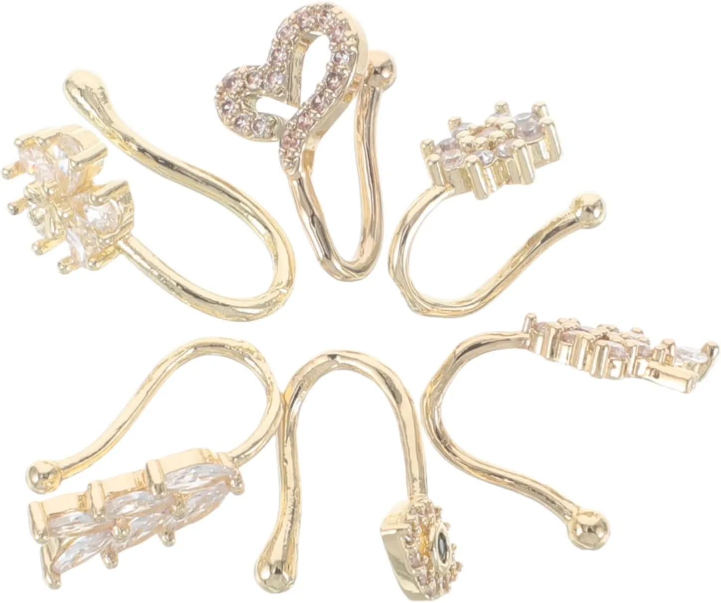 6pcs Adjustable U Shaped Non Piercing Nose Clips with Dazzling Zirconia Unique Flower Designs for Women Men Fashionable Faux Cuff Nose Rings