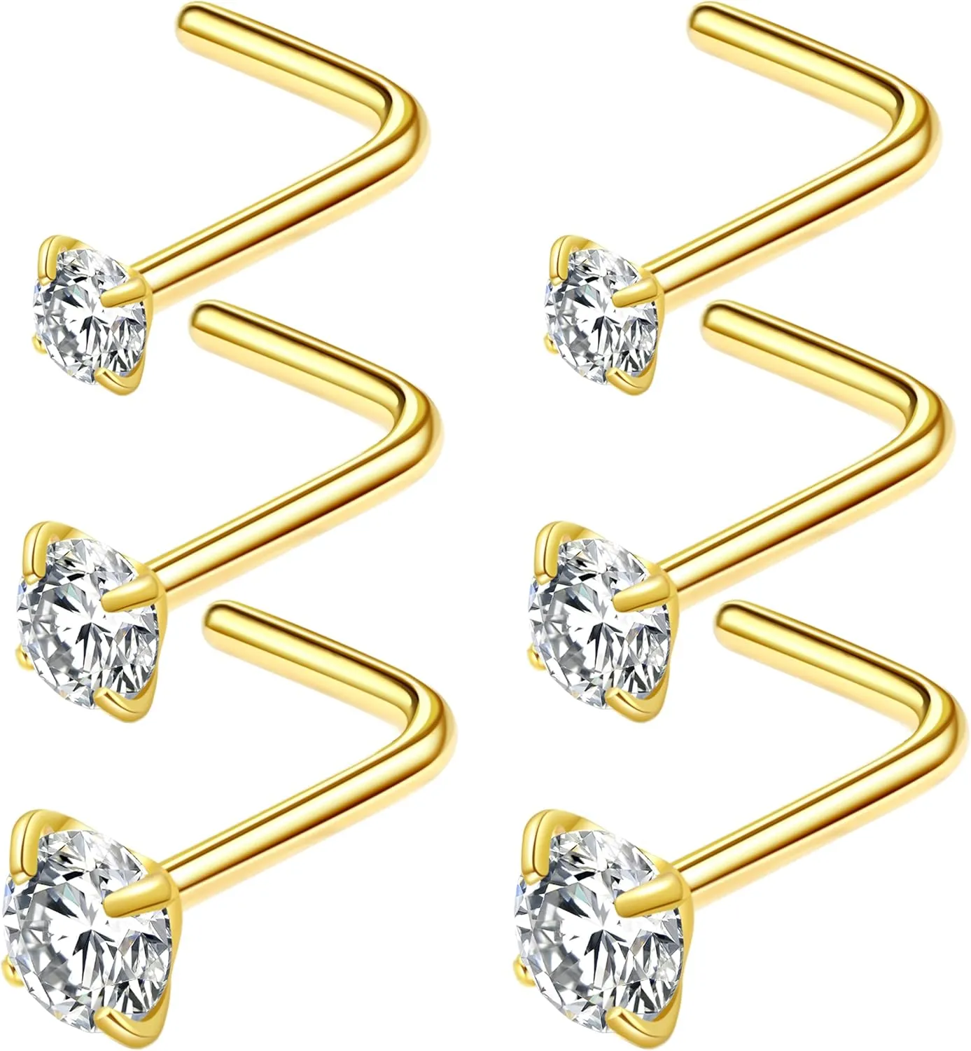 6Pcs Nose Rings Studs Corkscrew L Shape 20 Gauge Nose Piercing Jewelry Real Nose Piercings Nose Stud Surgical Steel 20G Nose Rings Jewelry for Women Men 2mm 2.5mm 3mm CZ Gold Silver Black