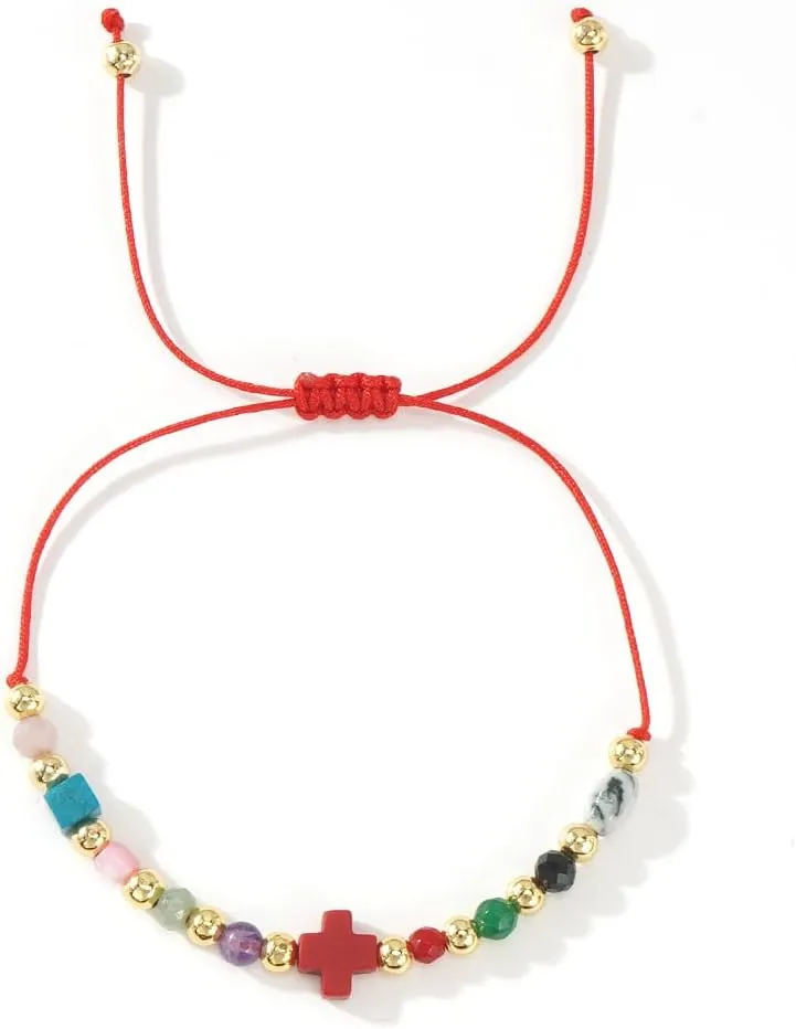 7 Chakra Healing Crystal Cross Beaded Drawstring Bracelets for Women Dainty Energy Stone Beads Friendship Good Luck Bracelet,Handmade Fashion Charm Jewelry Gifts
