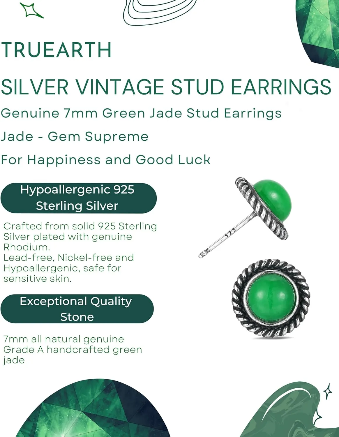 7mm Genuine Gemstone Stud Earrings for Women and Men, 925 Sterling Silver Vintage Oxidized Stud Earrings with Rose Quartz, Turquoise or Jade, Gemstone Western Antiqued Boho Statement Earring