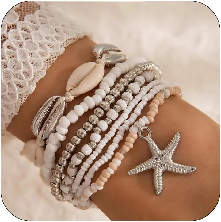 7PCS Shell Bracelet for Women Boho Layered Seashell Bracelet Gold Starfish Bracelet Jewelry Accessories