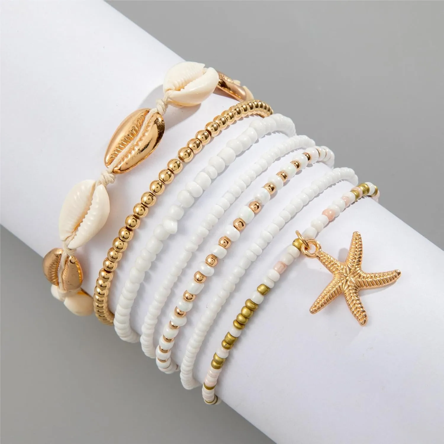 7Pcs/Set Bohemian Beaded Seashell Bracelets Handmade Shell Starfish Stackable Bracelet Boho Summer Vacation Jewelry