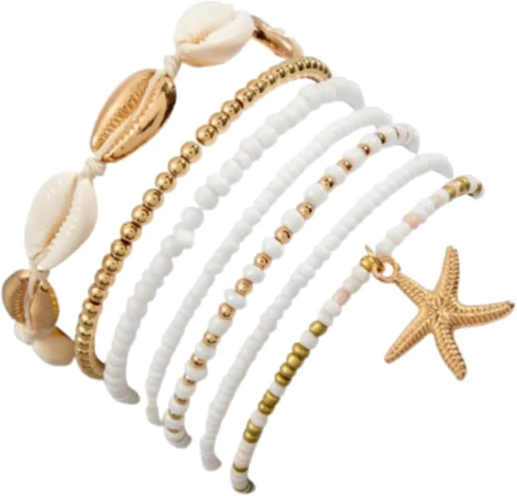7Pcs/Set Bohemian Beaded Seashell Bracelets Handmade Shell Starfish Stackable Bracelet Boho Summer Vacation Jewelry