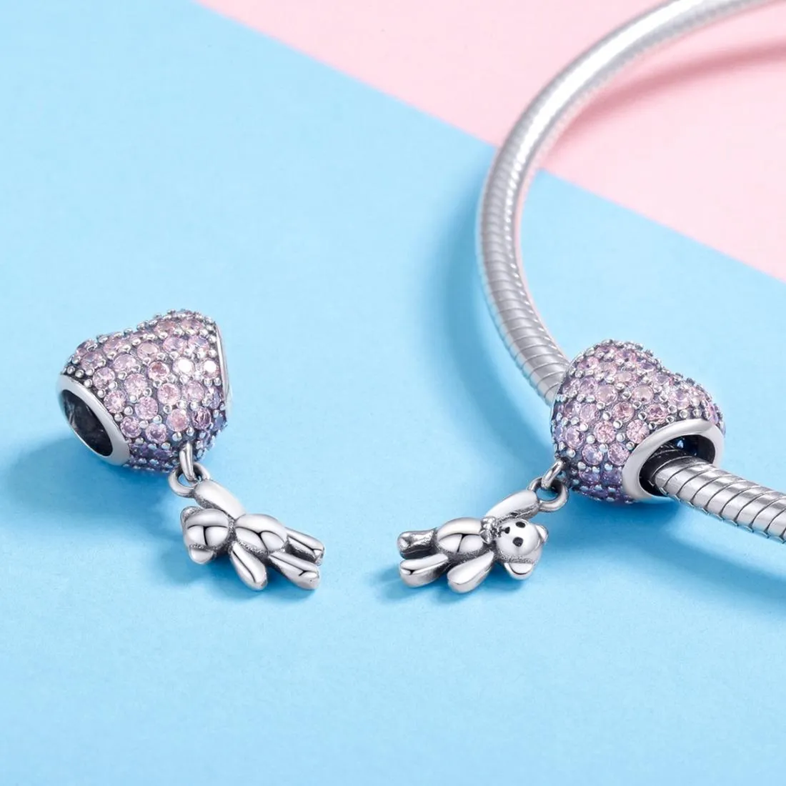 925 Sterling Silver Bear Balloon Bracelet With Zirconium Diamond Beads Style - Bead   Chain