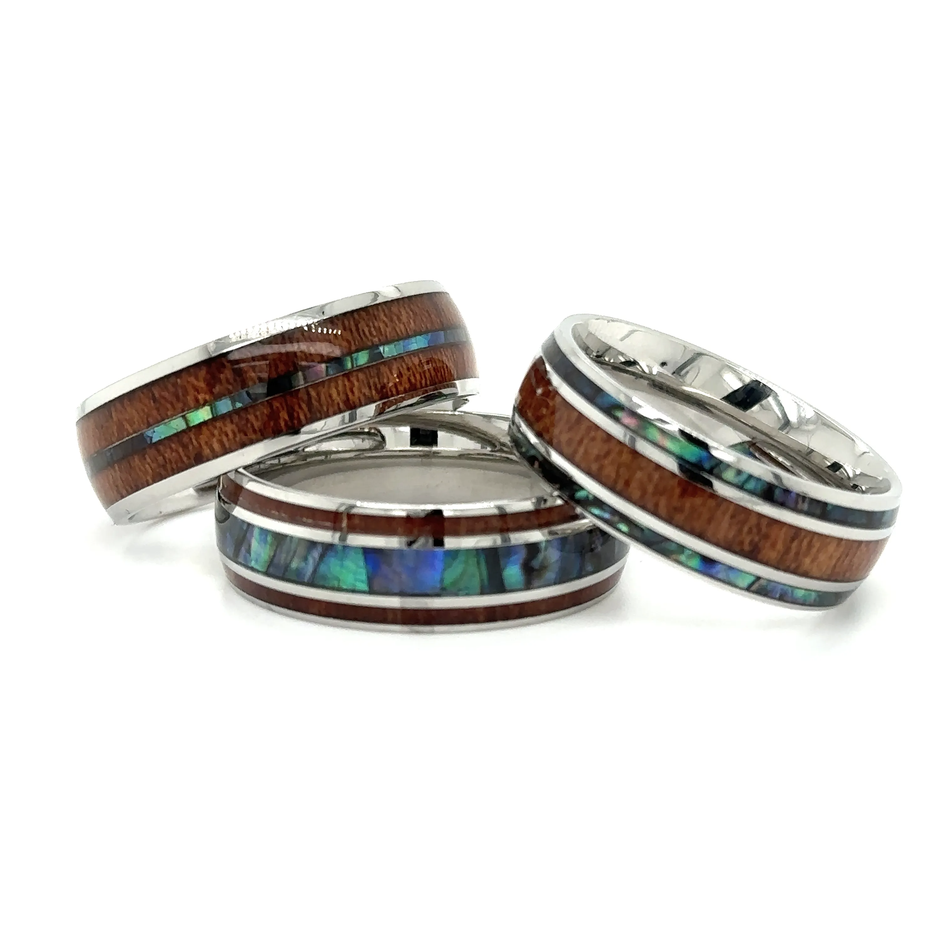 Abalone and Koa Wood Stainless Steel Rings