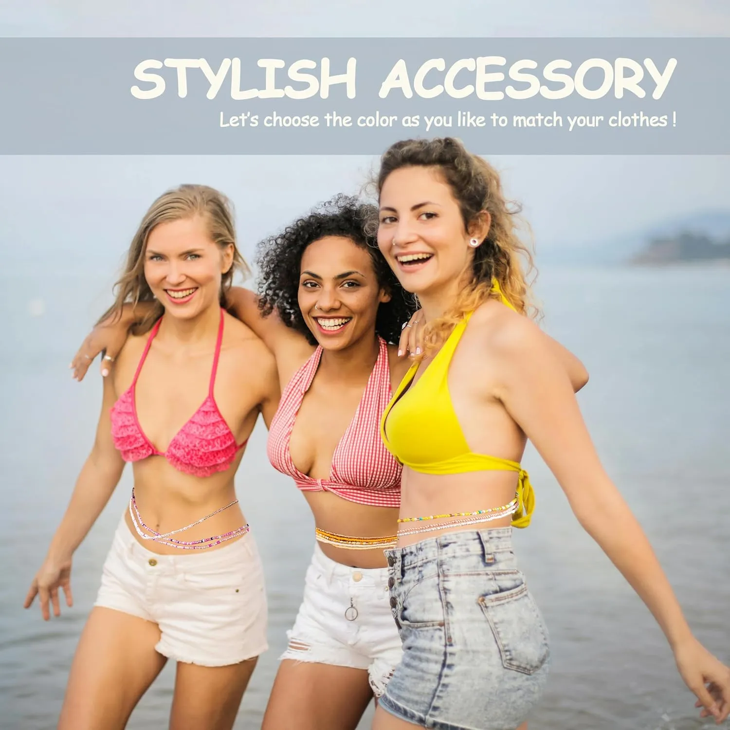 African Waist Beads For Women Colorful 3PCS Layered Belly Body Chain Beach Bikini Waist Jewelry Body Accessories For Women