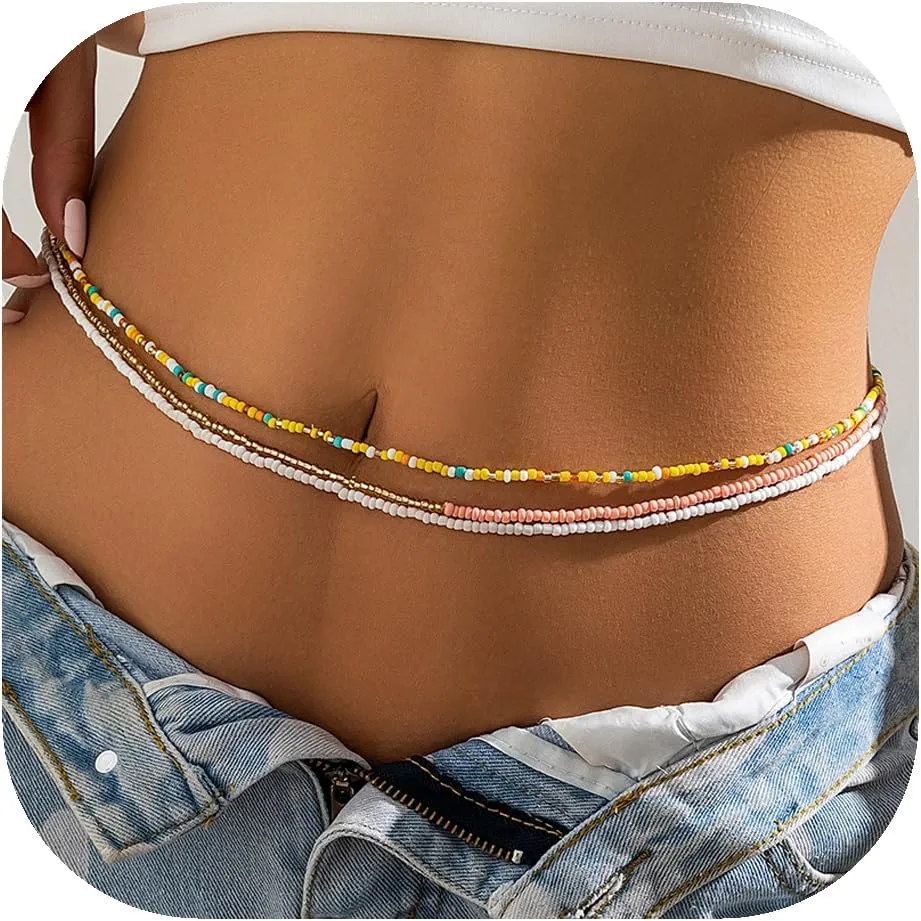 ALEXTINA Dainty Waist Beads Chain Layered Summer Corlorful Belly Chains Bikini Beach Jewelry Body Chain for Women