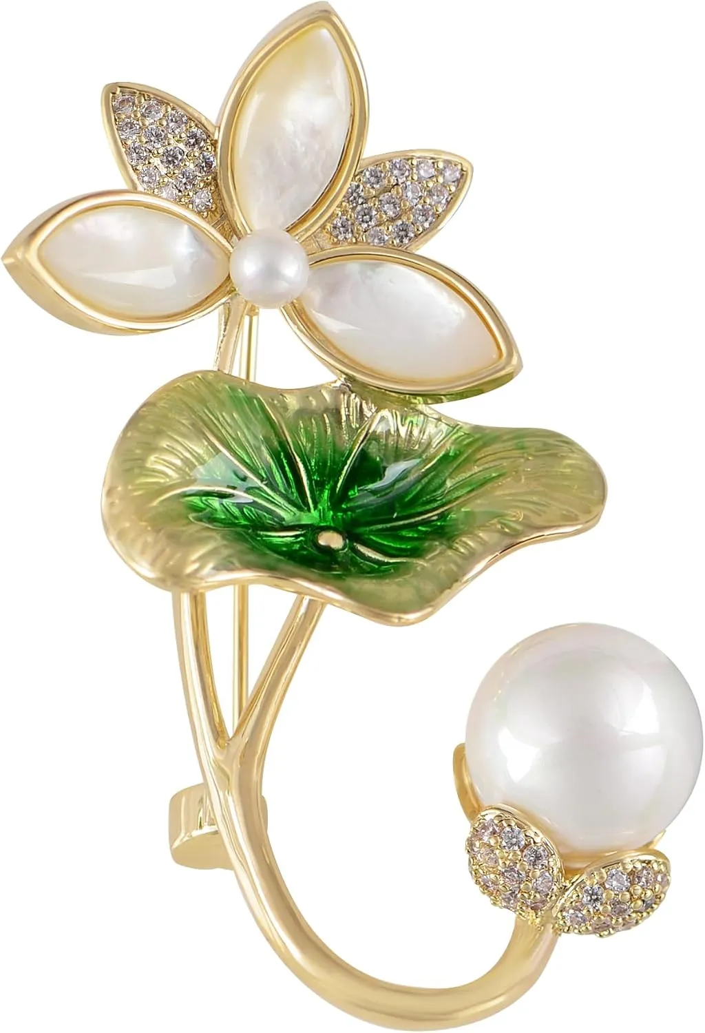 Alilang Elegant Cherry Blossom Flower Plant Brooch Lapel Pin Shell Pearl Leaf Brooches Pins For Birthday, Party, New Year