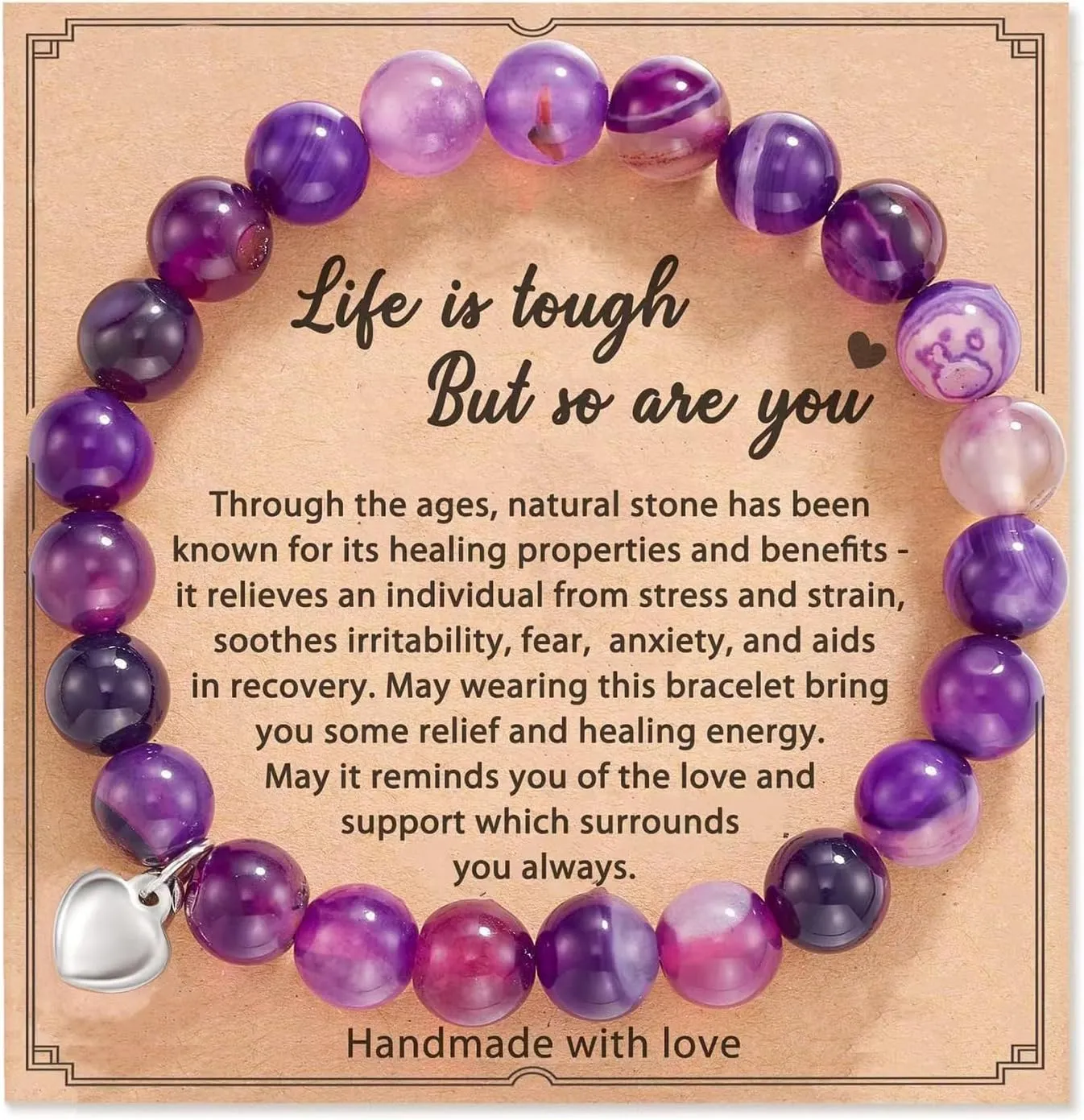 Amethyst Bracelet for Women Gemstone Beaded Bracelets Natural Stone Bracelet Healing Crystal Bracelet Handmade Beaded Bracelet Purple Heart Charm Bracelet Healing Yoga Bracelets Jewelry