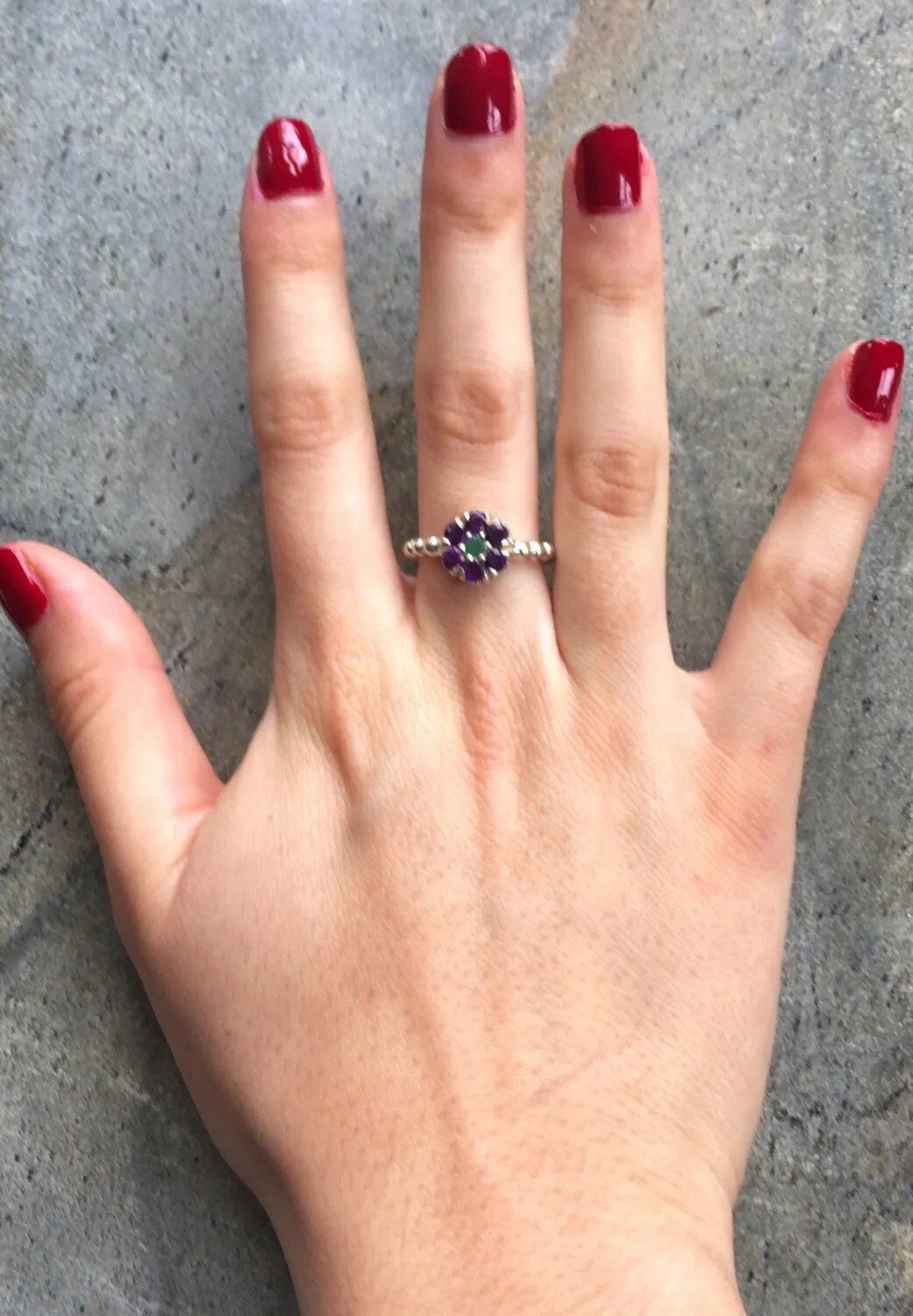 Amethyst Flower Ring - Purple Daisy Ring - Emerald Dainty Ring