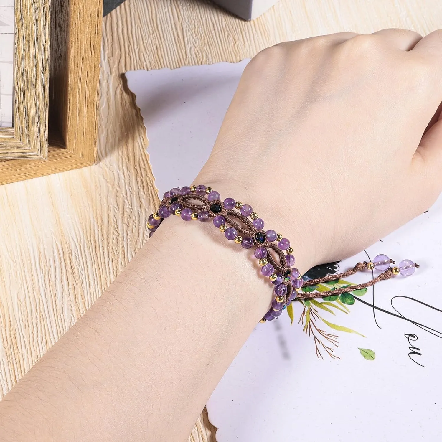 Amogeeli Stone Beads Bracelets Jewelry with Adjustable Braided Wax Cord Healing Crystal Amulet for Women
