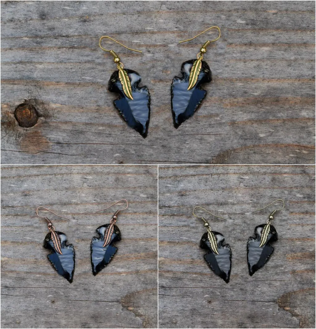 arrowhead earrings  native tribal spearhead arrow gold flint stone studs