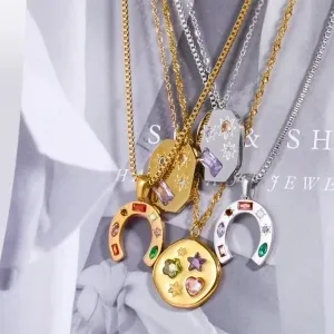 Artistic U Shape Heart Shape Flower Stainless Steel Plating Inlay Zircon 18k Gold Plated Pendant Necklace