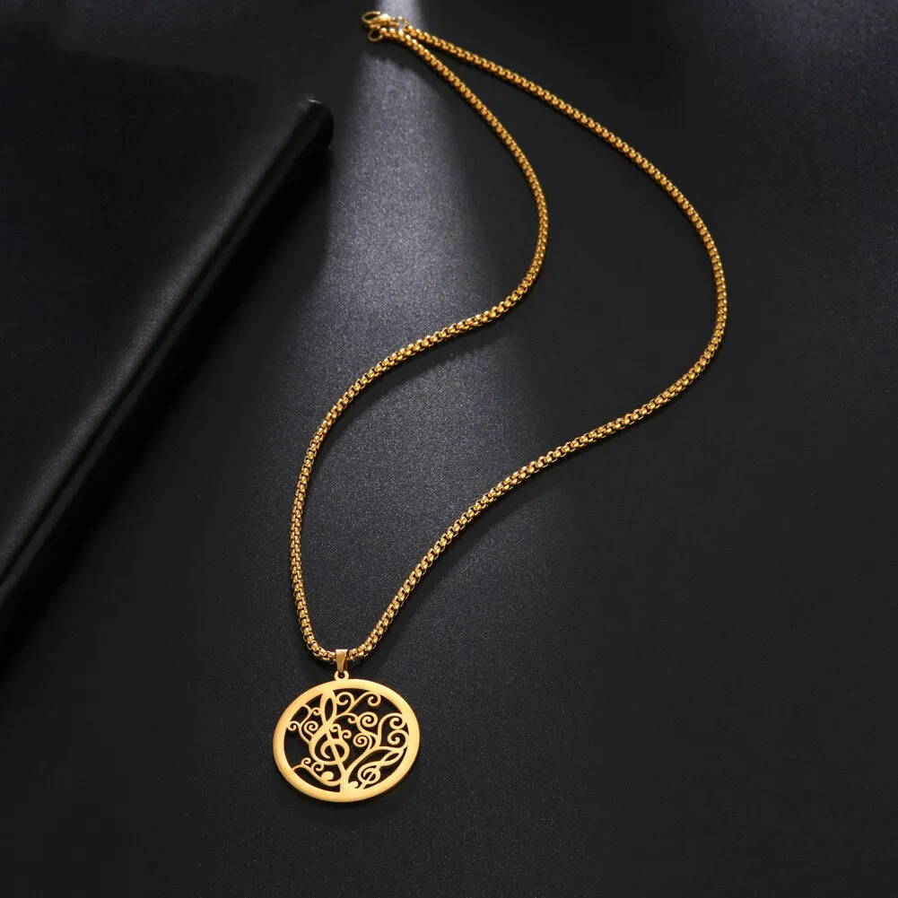 Ashore Shop Music Note Necklaces for Men Women Star Round Pendant Stainless Steel Necklace Choker Box Chain Fashion Party Jewelry