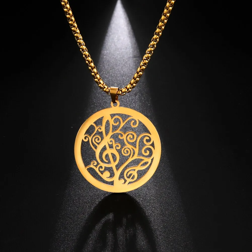 Ashore Shop Music Note Necklaces for Men Women Star Round Pendant Stainless Steel Necklace Choker Box Chain Fashion Party Jewelry