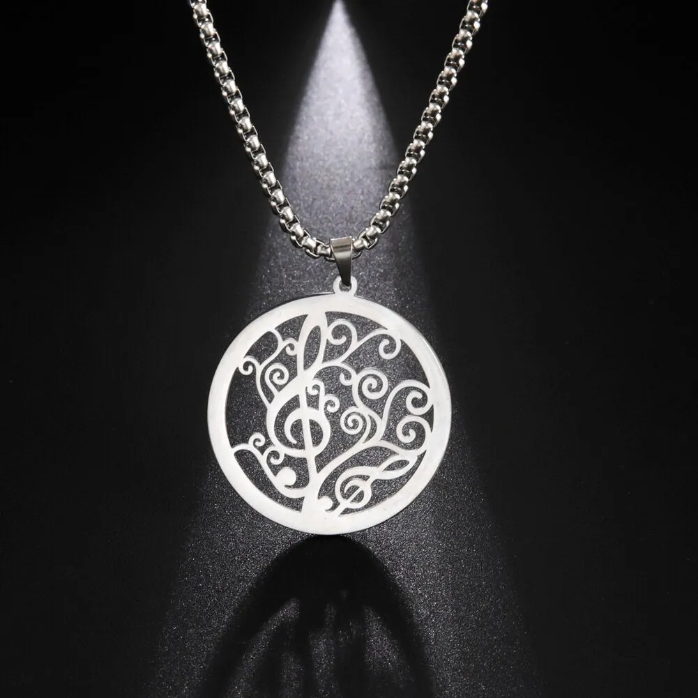 Ashore Shop Music Note Necklaces for Men Women Star Round Pendant Stainless Steel Necklace Choker Box Chain Fashion Party Jewelry