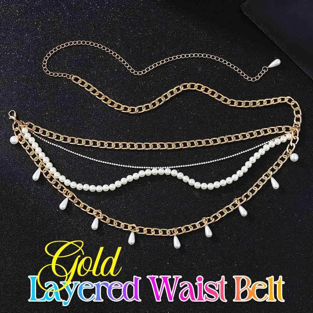 Asooll Layered Pearl Waist Belt Gold Beaded Tassel Belly Body Chains Rave Party Adjustable Body Accessories for Women