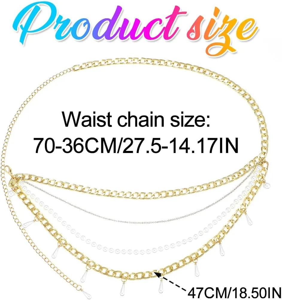Asooll Layered Pearl Waist Belt Gold Beaded Tassel Belly Body Chains Rave Party Adjustable Body Accessories for Women