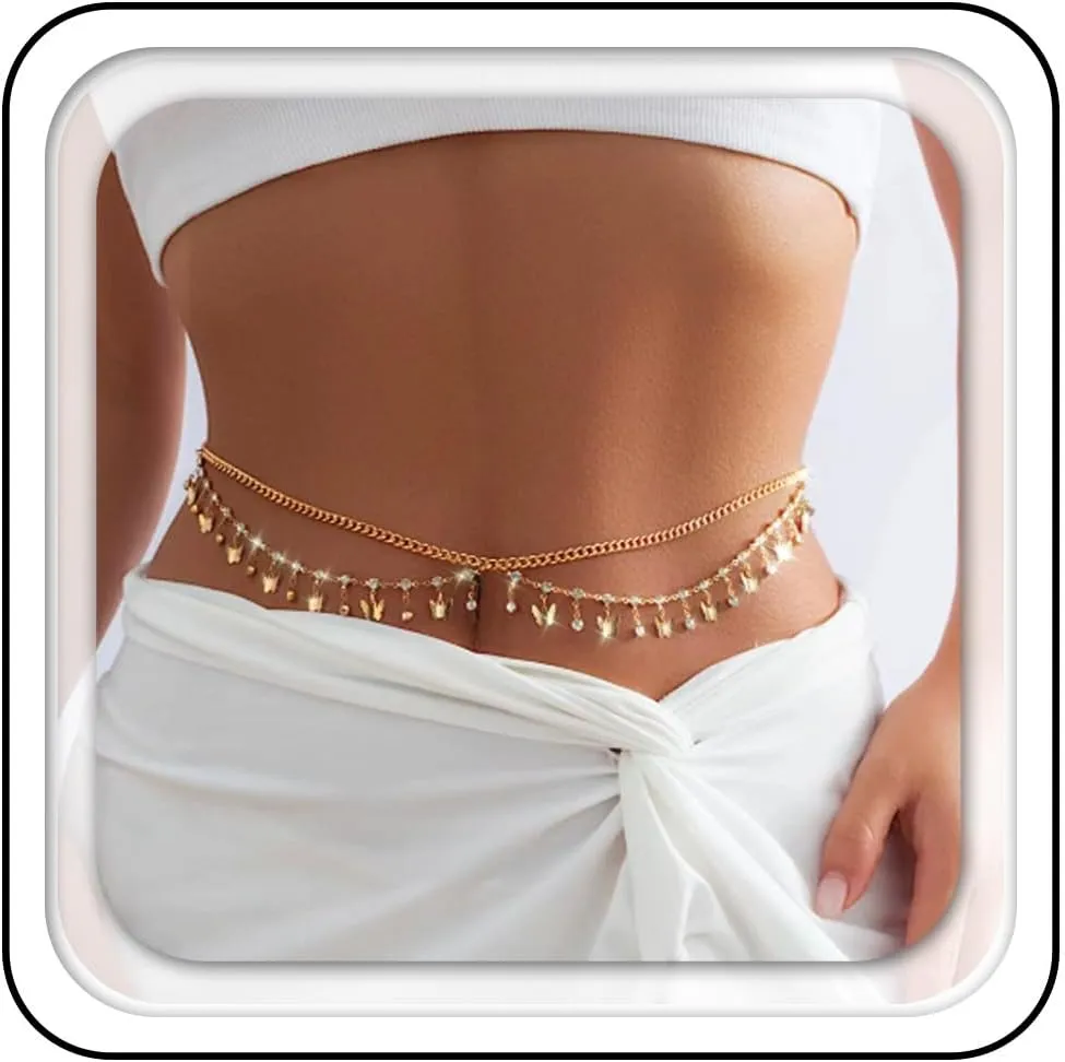 Asooll Layered Rhinestones Waist Chain Gold Butterfly Tassel Belly Body Chains Summer Bikini Beach Body Accessories for Women