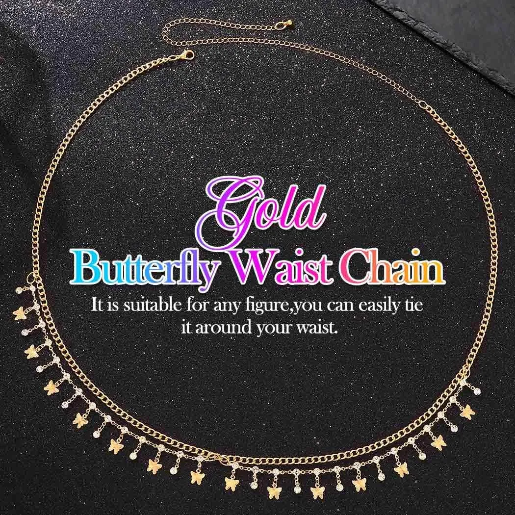 Asooll Layered Rhinestones Waist Chain Gold Butterfly Tassel Belly Body Chains Summer Bikini Beach Body Accessories for Women
