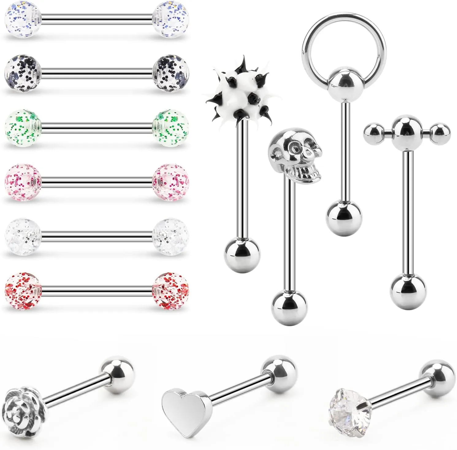 Assorted Tongue Rings, 14G Stainless Steel Tongue Piercing Rings Assorted Barbell bar Nipple Cute Tongue Rings for Women Men??13PCS??