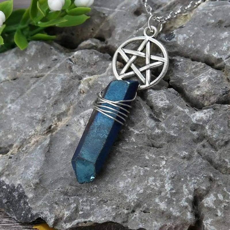 Aura Quartz Wicca Pendant Necklace Rough Stone Raw Stone Crystal with 70cm Chain