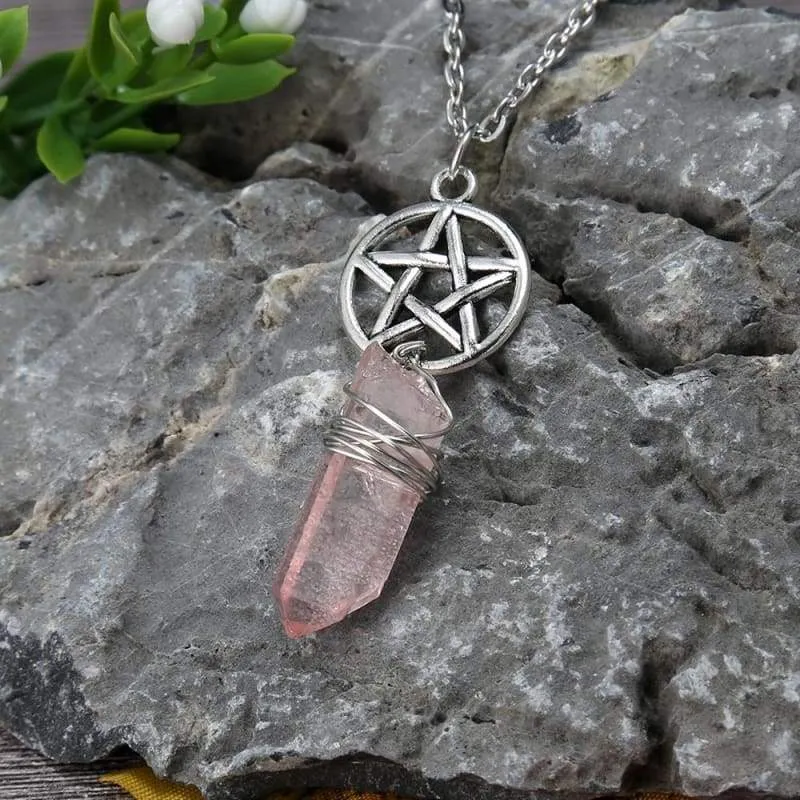 Aura Quartz Wicca Pendant Necklace Rough Stone Raw Stone Crystal with 70cm Chain