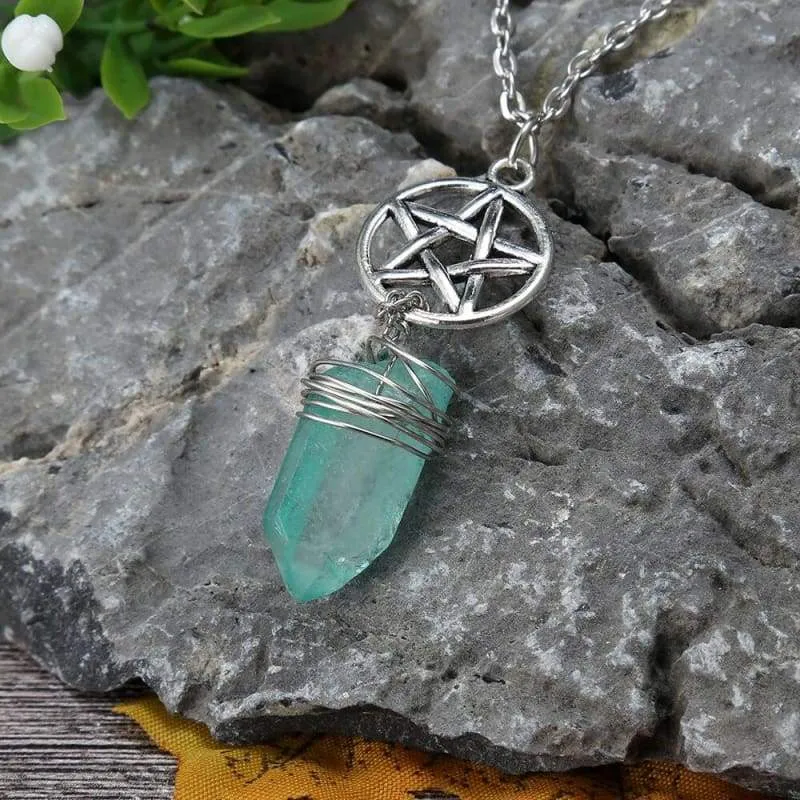 Aura Quartz Wicca Pendant Necklace Rough Stone Raw Stone Crystal with 70cm Chain