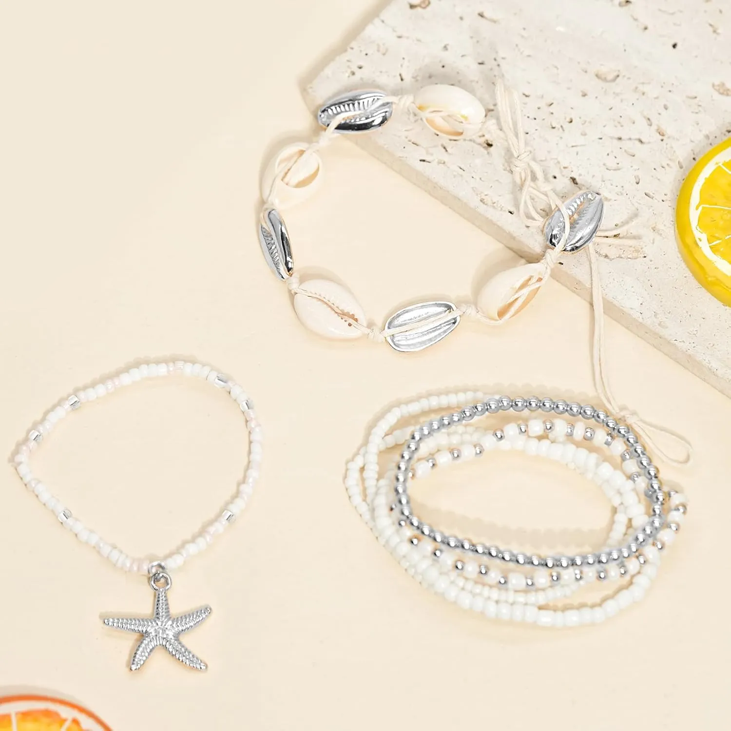 Beach Bracelets for Women Bohemian Stackable Heishi Surfer Bracelet Set Elastic Seashell Starfish Boho Friendship Bracelets for Summer Beach Party Holiday Vacation Jewelry