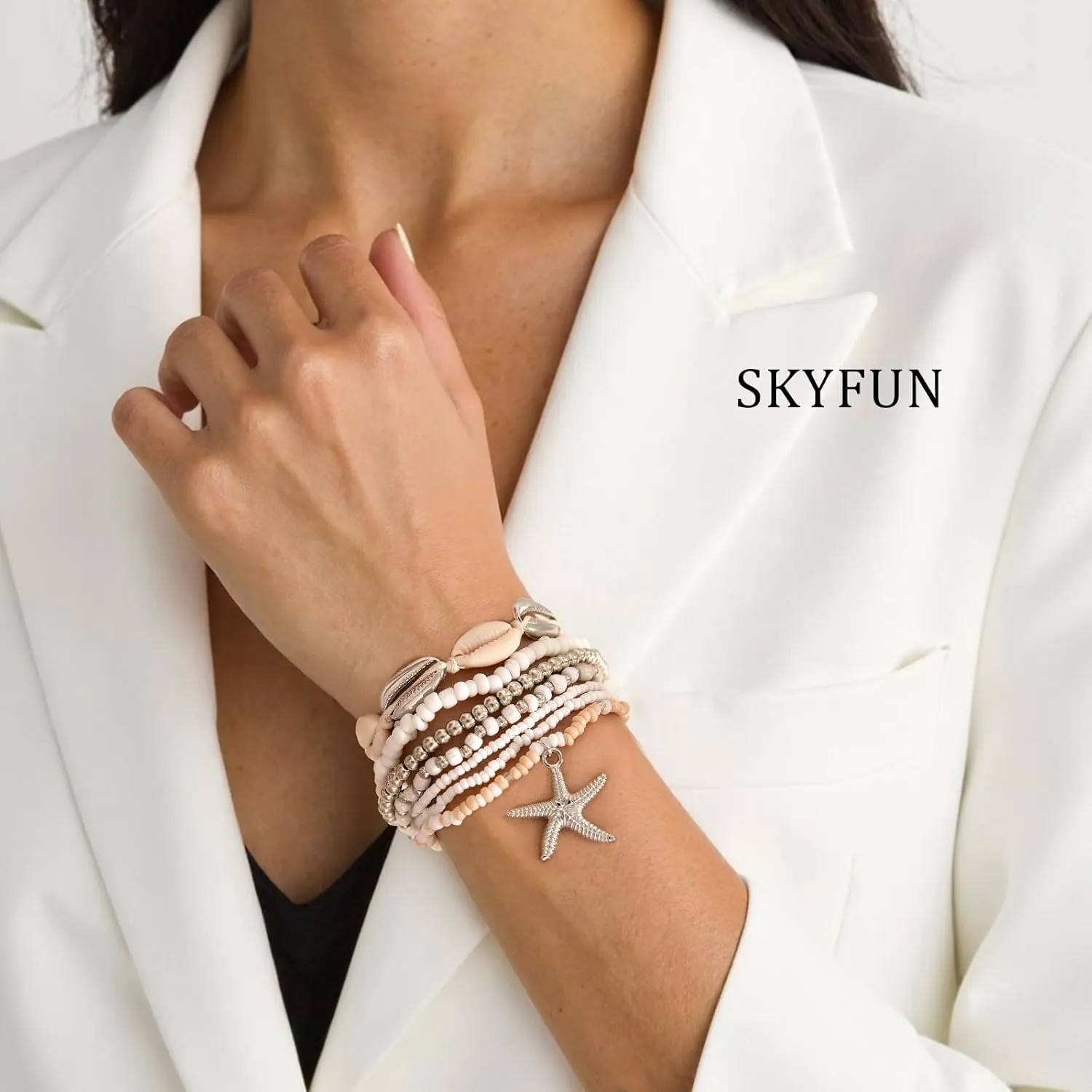 Beach Bracelets for Women Bohemian Stackable Heishi Surfer Bracelet Set Elastic Seashell Starfish Boho Friendship Bracelets for Summer Beach Party Holiday Vacation Jewelry