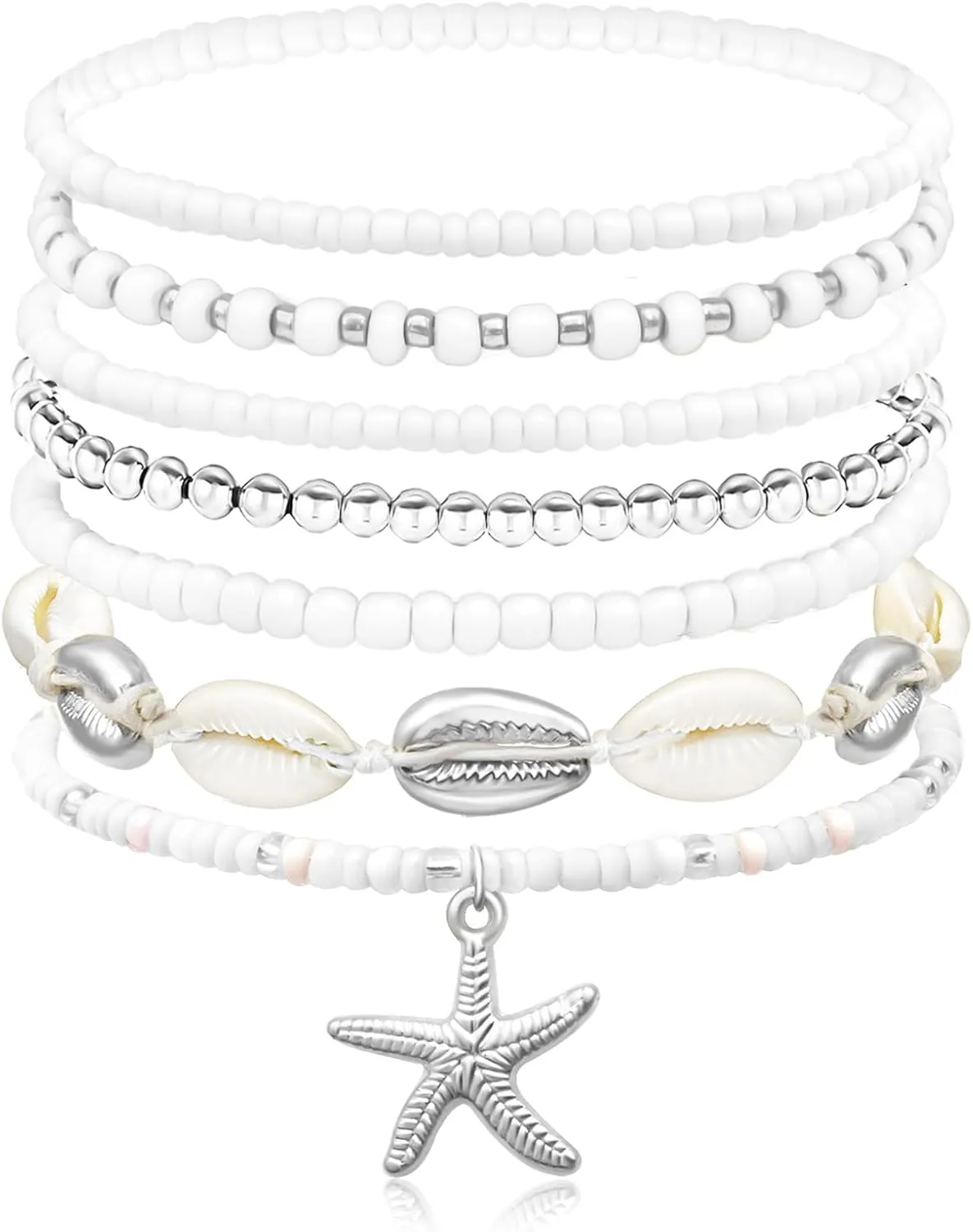 Beach Bracelets for Women Bohemian Stackable Heishi Surfer Bracelet Set Elastic Seashell Starfish Boho Friendship Bracelets for Summer Beach Party Holiday Vacation Jewelry