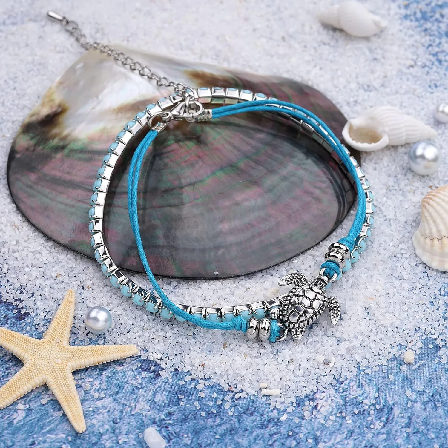 Beach Bracelets for Women Boho Starfish Turtle Conch Shell Anklets Turquoise Beaded Stretch Bracelets Adjustable Ankle Bracelets Chain Foot Jewelry for Women
