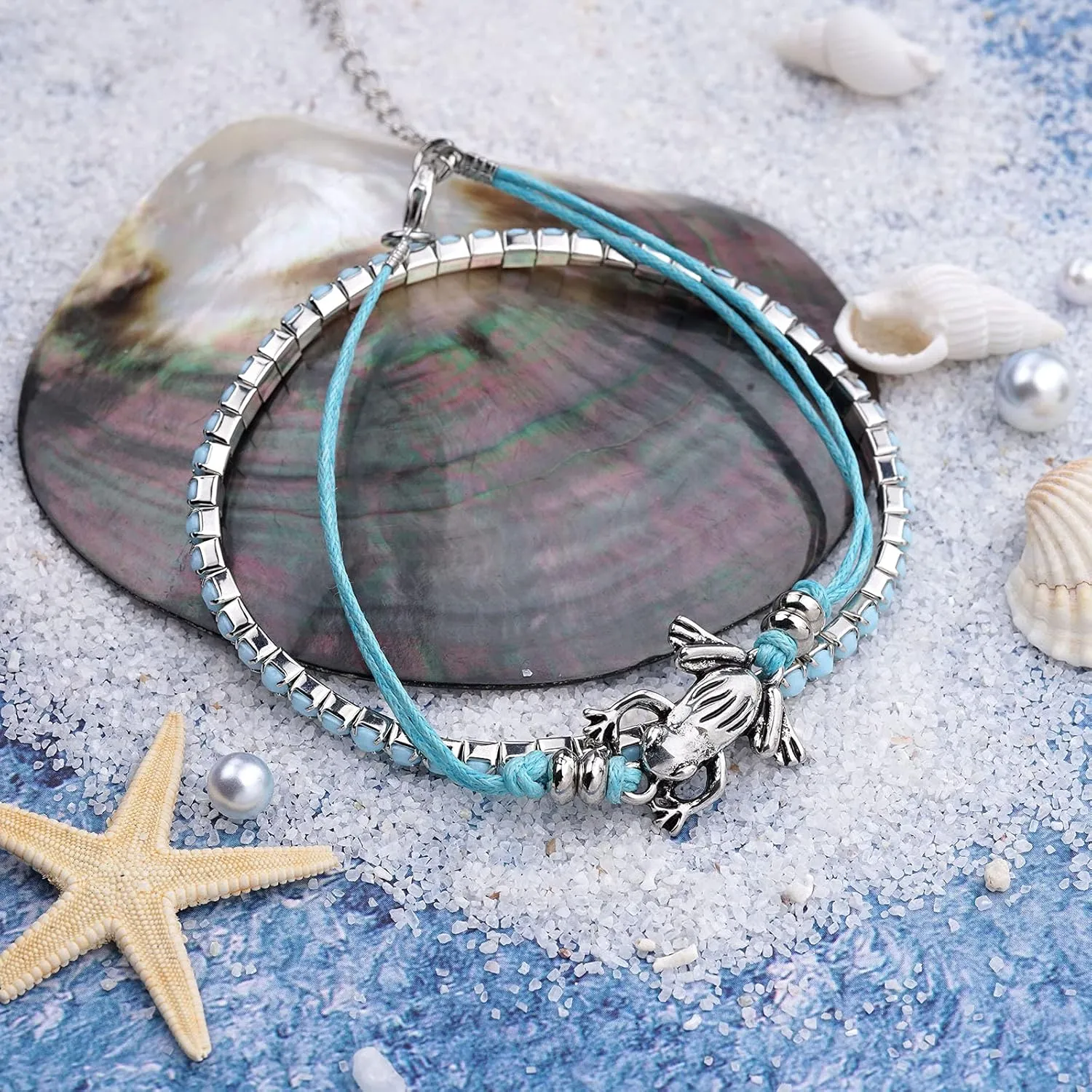 Beach Bracelets for Women Boho Starfish Turtle Conch Shell Anklets Turquoise Beaded Stretch Bracelets Adjustable Ankle Bracelets Chain Foot Jewelry for Women
