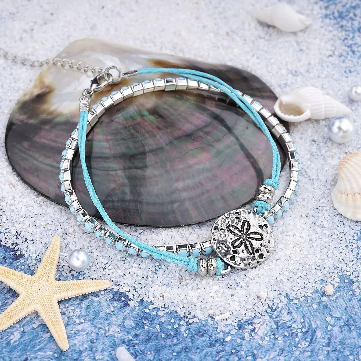 Beach Bracelets for Women Boho Starfish Turtle Conch Shell Anklets Turquoise Beaded Stretch Bracelets Adjustable Ankle Bracelets Chain Foot Jewelry for Women