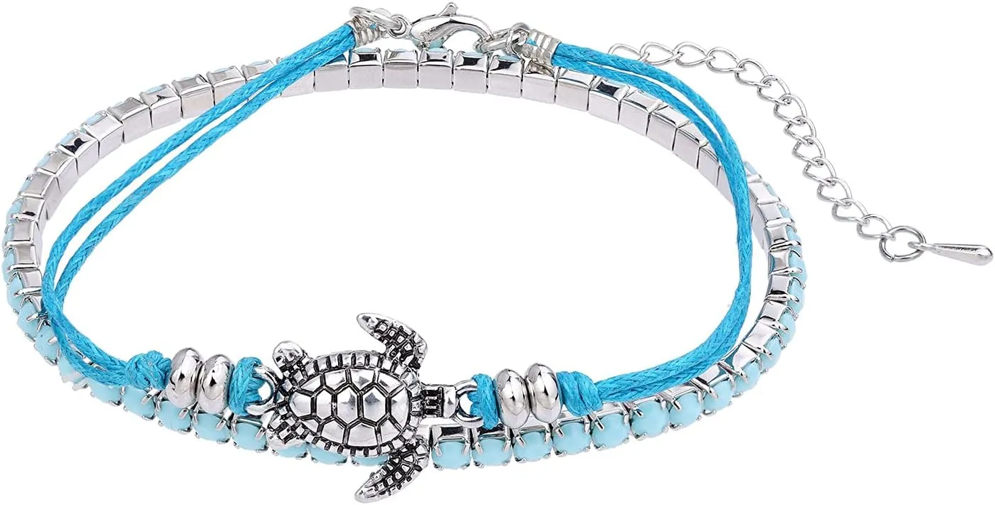 Beach Bracelets for Women Boho Starfish Turtle Conch Shell Anklets Turquoise Beaded Stretch Bracelets Adjustable Ankle Bracelets Chain Foot Jewelry for Women