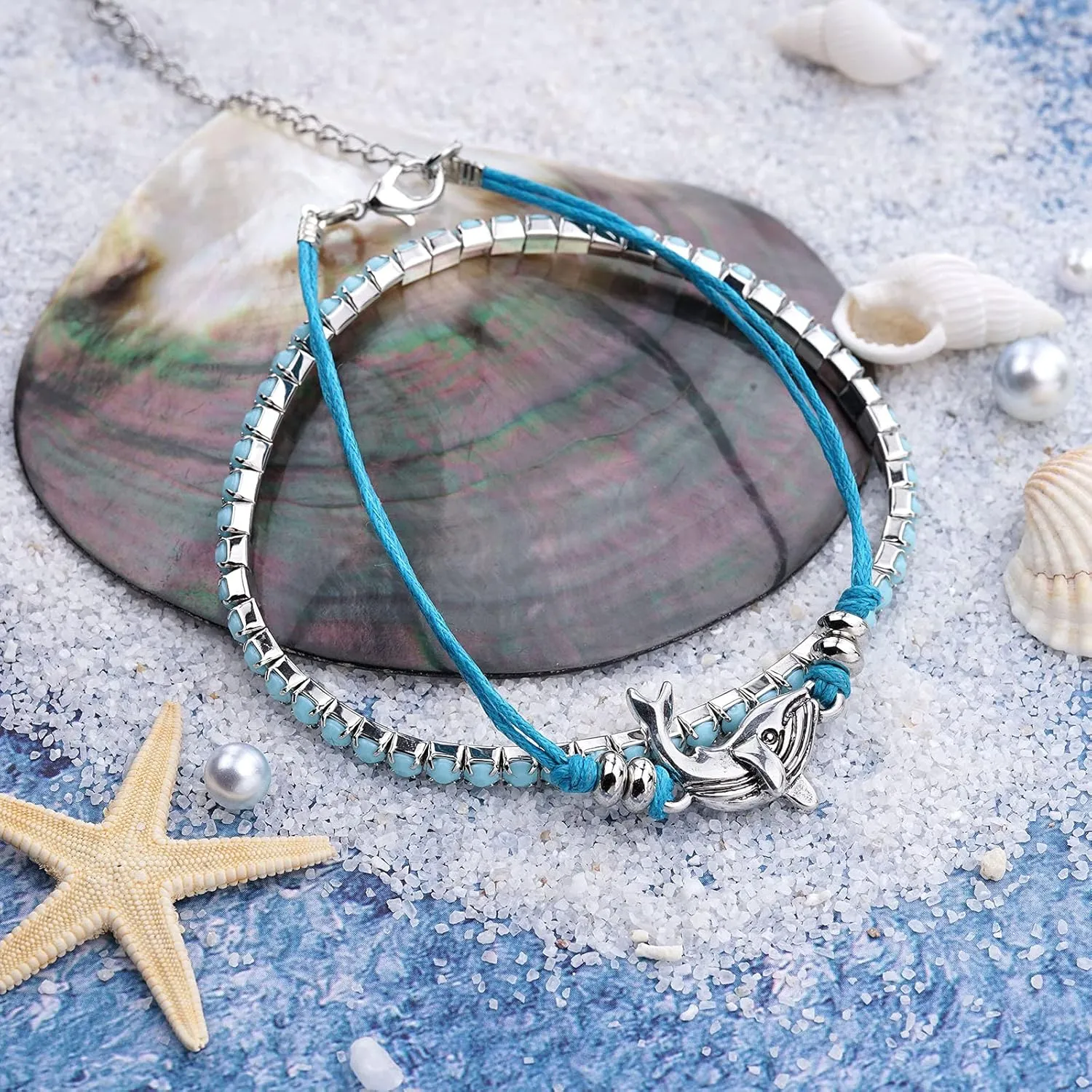 Beach Bracelets for Women Boho Starfish Turtle Conch Shell Anklets Turquoise Beaded Stretch Bracelets Adjustable Ankle Bracelets Chain Foot Jewelry for Women