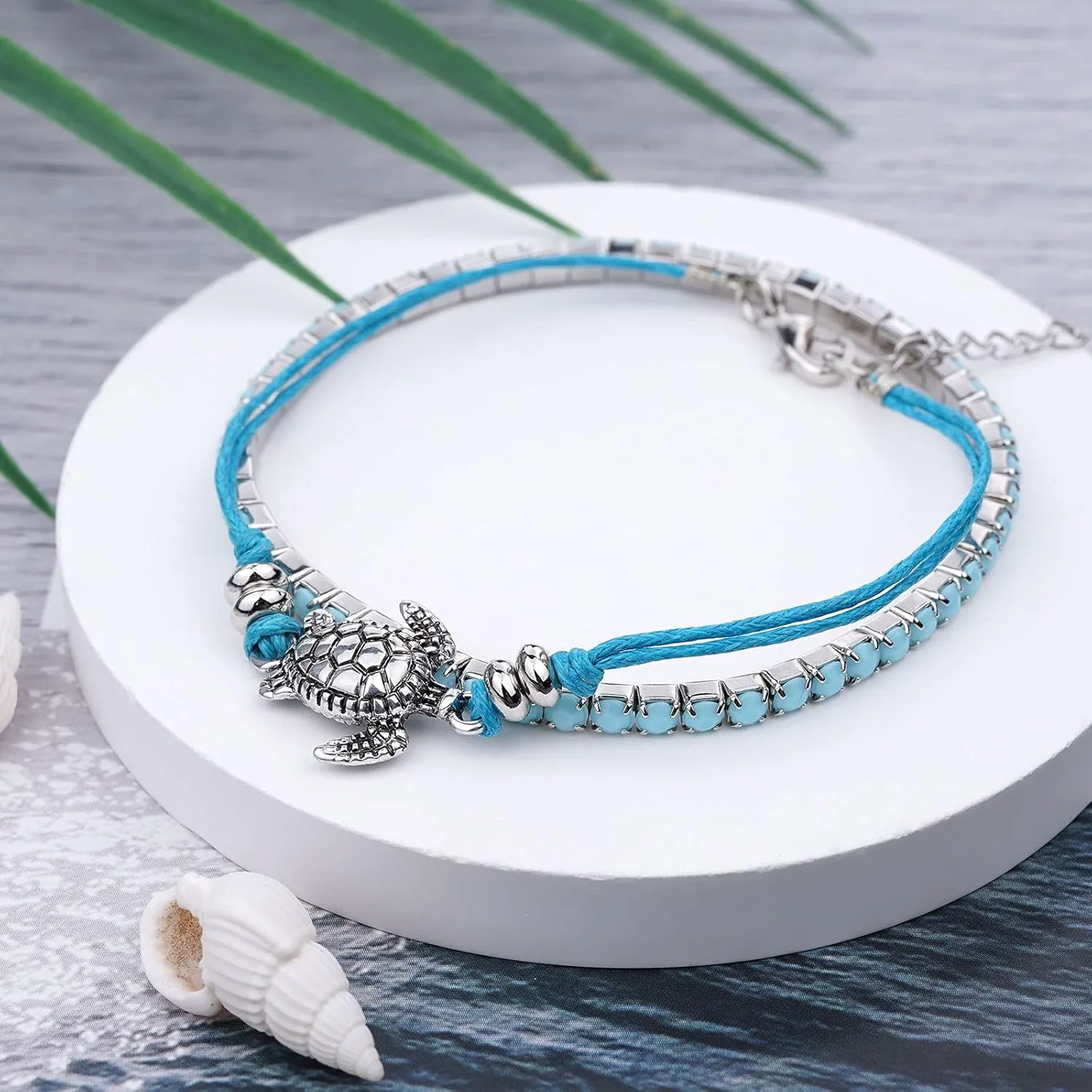 Beach Bracelets for Women Boho Starfish Turtle Conch Shell Anklets Turquoise Beaded Stretch Bracelets Adjustable Ankle Bracelets Chain Foot Jewelry for Women