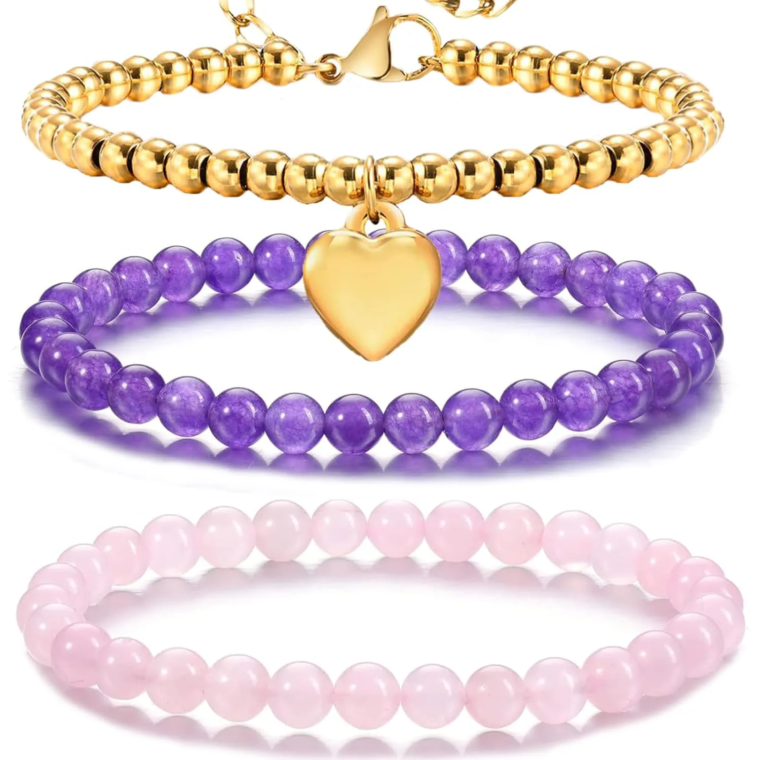 Beaded Bracelets for Women, 6mm Gold Beaded Bracelets and Healing Crystal Bracelet, Protection Bracelets for Women, Love Heart Charms Bracelet (Golden, A)