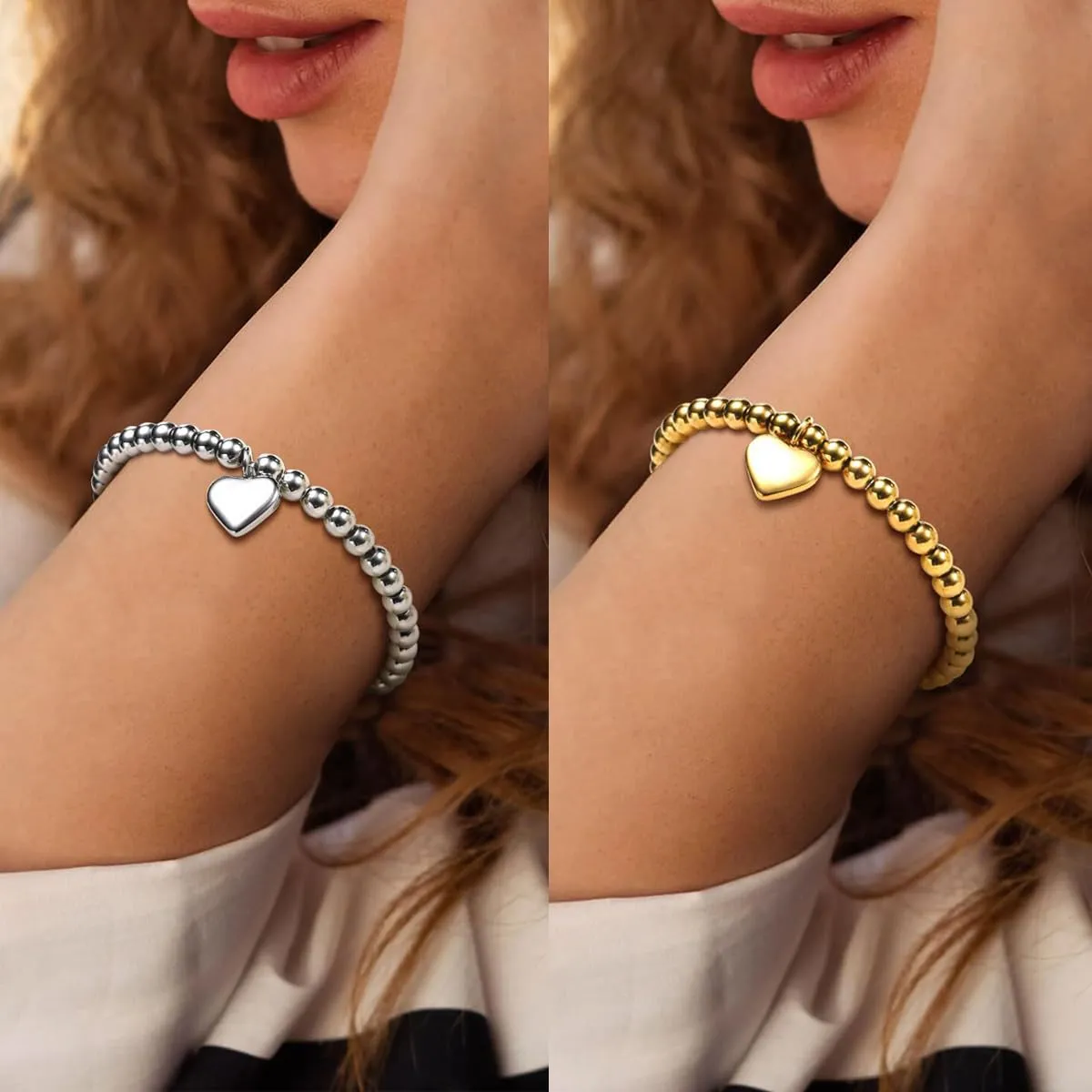 Beaded Bracelets for Women, 6mm Gold Beaded Bracelets and Healing Crystal Bracelet, Protection Bracelets for Women, Love Heart Charms Bracelet (Golden, A)