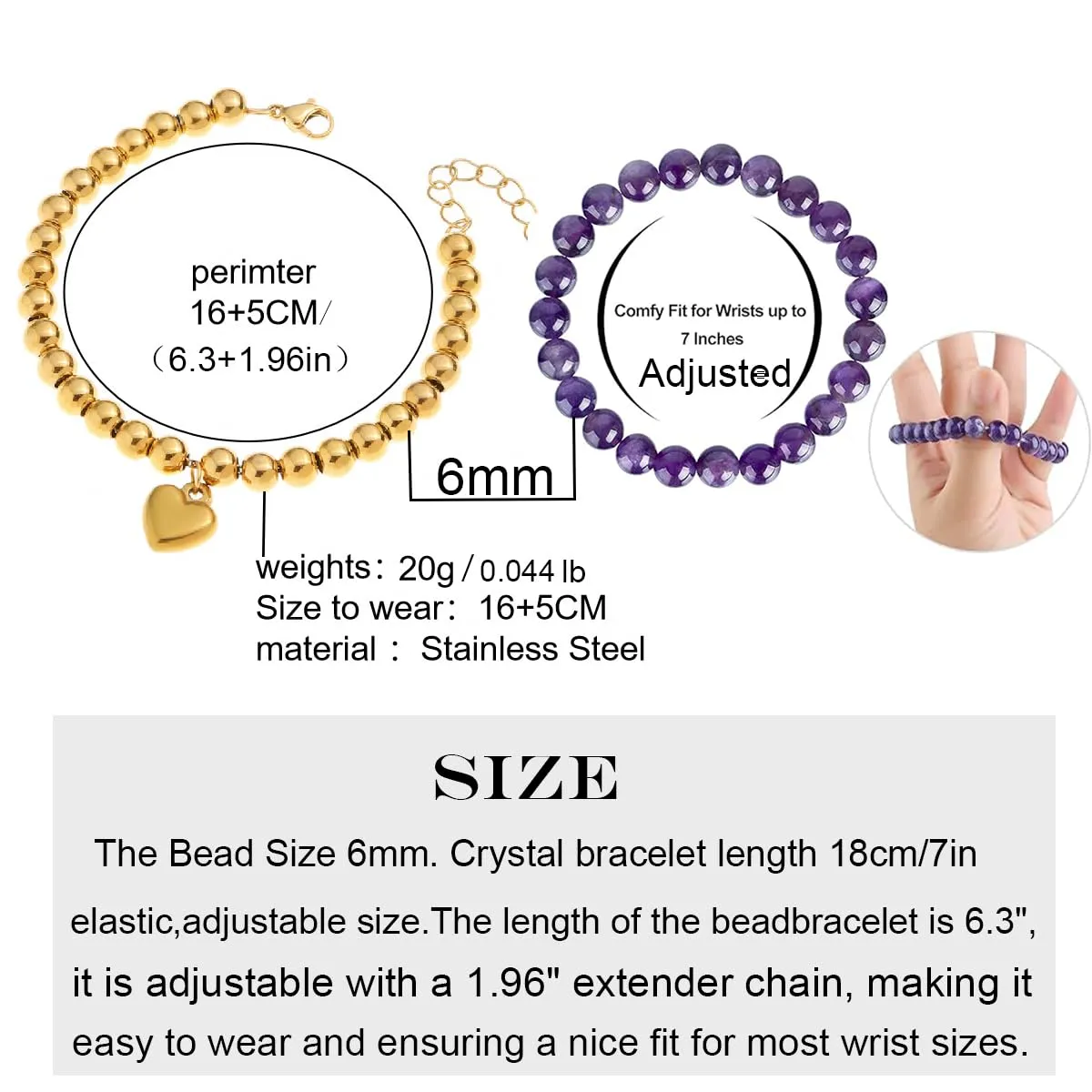 Beaded Bracelets for Women, 6mm Silver Beaded Bracelets and Healing Crystal Bracelet, Protection Bracelets for Women, Love Heart Charms Bracelet (Silver, A)