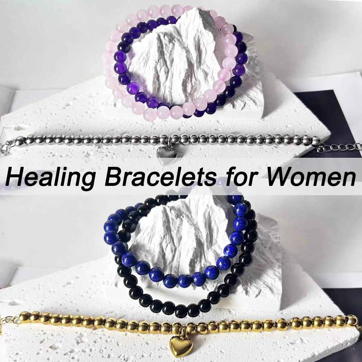 Beaded Bracelets for Women, 6mm Silver Beaded Bracelets and Healing Crystal Bracelet, Protection Bracelets for Women, Love Heart Charms Bracelet (Silver, A)
